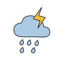 Flat icon of a thunderstorm cloud with raindrops and lightning bolt, representing stormy and severe weather. Suitable for climate and emergency forecasts vector