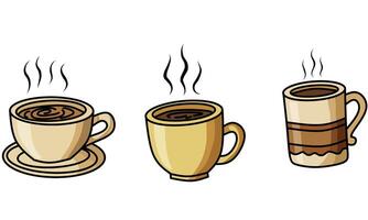 illustration of three steaming cups of coffee in different styles. Hand-drawn cartoon design of hot beverages in mugs and cups with saucers. Perfect for cafe menus, coffee shop branding vector