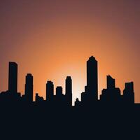 illustration of a cityscape silhouette at sunset, featuring tall buildings and an orange gradient sky. This urban scene is ideal for use in backgrounds, posters, websites, and editorial content vector