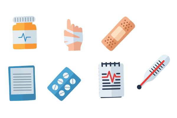 Flat medical icon set including pill bottle, bandaged hand, bandage, document, tablet pack, report, and thermometer. Great for health and clinical visuals