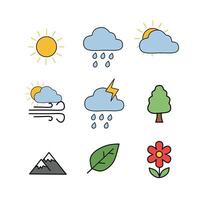 Set of flat weather and nature icons including sun, rain cloud, storm, wind, tree, mountain, leaf, and flower. Simple colorful illustrations for forecast, environment, and climate-related designs vector