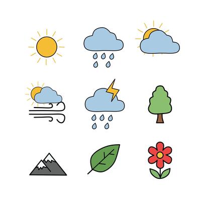 Set of flat weather and nature icons including sun, rain cloud, storm, wind, tree, mountain, leaf, and flower. Simple colorful illustrations for forecast, environment, and climate-related designs