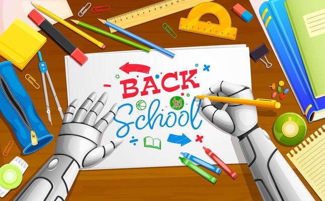 Robot writes back to school on the paper on desk