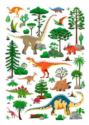 Prehistoric era plants and dinosaur characters landscape background. Cartoon jurassic dino animals with jungle forest trees and succulents, funny stegosaurus, triceratops, tapejara dinosaurs