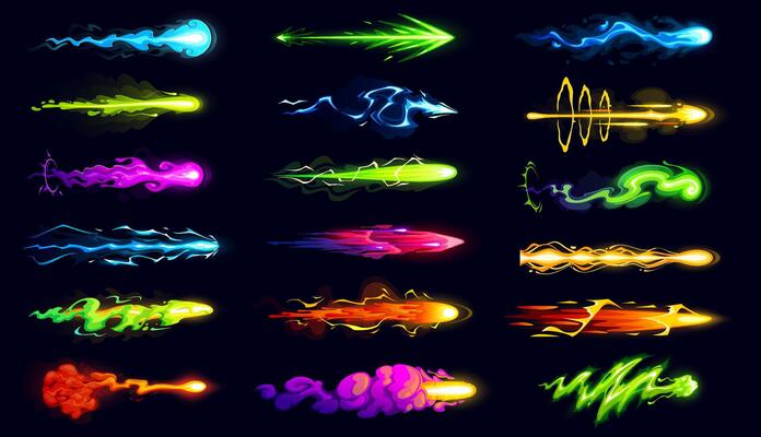 Game gun effect, cartoon glowing magic trails set