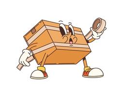 Groovy delivery cardboard box with tape character vector