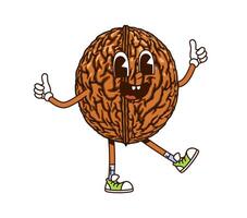 Cartoon groovy walnut nut character, funny face vector