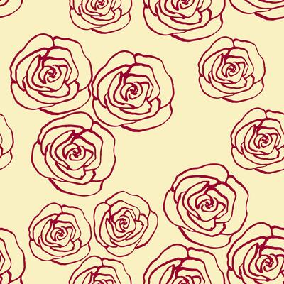Simple floral seamless pattern. Rose flower, red outline on a beige background. For printing on fabrics, textiles, packaging, bedding, home decor, curtains.