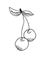 Simple hand-drawn drawing in black outline. Two cherries on a twig with leaves isolated on a white background. For labels, garden berries, juice, ingredient, dessert. Children's coloring. vector
