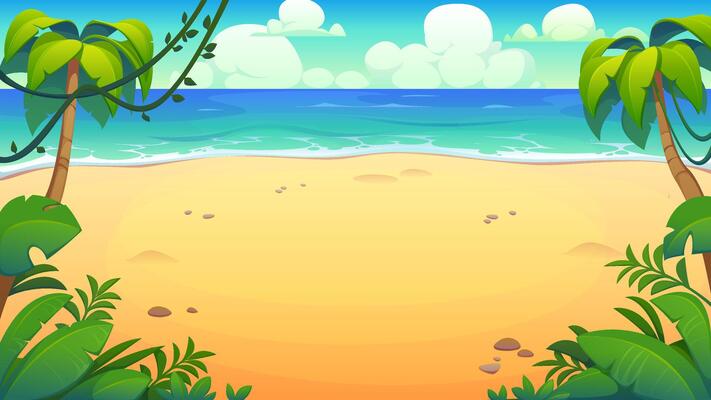 Cartoon tropical island beach with coconut palms