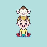 Boy with a monkey on his head in a friendly pose vector