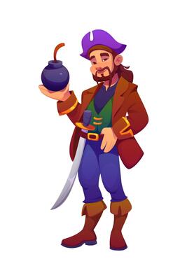 Cartoon pirate corsair character holds round bomb