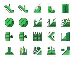 Stairs, elevator emergency exit color line icons vector