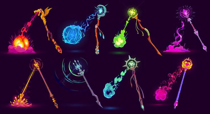 Cartoon magic wizard staff scepter with fire burst