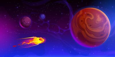 Alien space planets and flying comet or meteor vector