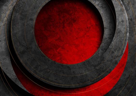 Black and red grunge circles abstract background with golden lines