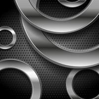 Tech abstract background with silver circles on perforated metallic texture vector