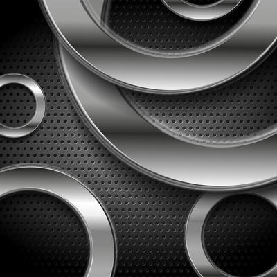 Tech abstract background with silver circles on perforated metallic texture