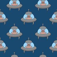 Seamless Pattern with funny cat in UFO spaceship on blue background. Flat Illustration. vector