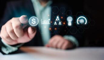 Man point a iccon of business strategy. Attributes startup and strategy company management. photo