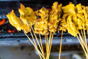 Grilling Thai style pork satay on grill mesh. photo