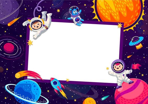 Birthday photo frame with space astronauts, rocket