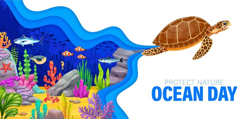 Save ocean paper cut poster with underwater turtle