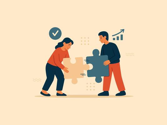 Business Puzzle Collaboration. Two professionals fitting large puzzle.