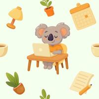 seamless pattern of koala at desk for remote work or study in pastel colors vector