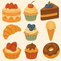 clip art of chef baking with cupcakes, biscuit, tartlet, ice cream, croissant, cake with years vector