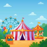 rolling circus with a marquee, a carousel, a Ferris wheel, a ticket office, an amusement park vector