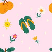 summer beach theme pattern with slippers, flowers, oranges in style y2k vector