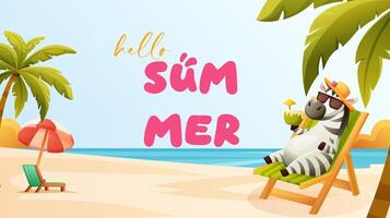 banner hello summer with zebra on the beach with cocktail on vacation vector