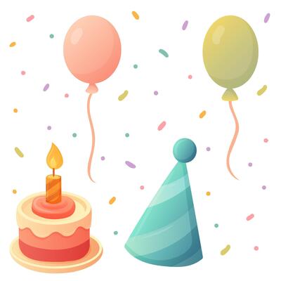 clipart with cake, party hat, balloons and confetti in soft colors on birthday