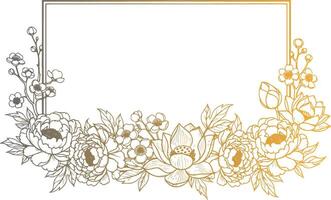 Elegant Botanical Floral Frame with Peonies Lotus and Blossoms in Golden Gradient Line Art Style for Luxury Invitations and Decorative Design vector