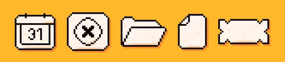 Five pixel art icons. Calendar with the date, stop button, files and windows. vector