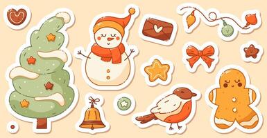 A set of stickers on a Christmas theme. Includes a cute snowman, xmas tree, bird, star, cookie, bell, envelope with a heart. vector