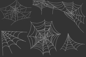 Spiderweb corner line white border, gothic scary hanging net frame on dark background. Simple spooky halloween decoration. Cobweb spider trap. vector