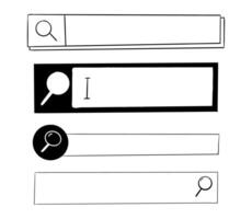 Search bar finder set, doodle frame text box border, form with magnifier, interface Menu ui design element. Simple banner, site border. vector