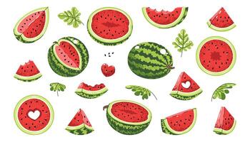 Watermelon Icon Set Flat Illustrations of Whole Fruit and Slices on White Background. Minimalist Design for Stickers, Logos, Summer Graphics, Food Packaging, Social Media and Digital Projects. vector