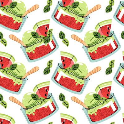 Watermelon sorbet seamless pattern. Background with glass bowl with ice cream,fresh slice watermelon and mint leaves. Summer textiles, dessert packaging, cafe decor