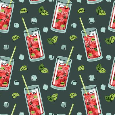 Summer Drink Seamless Pattern. Watermelon Cocktail with Ice and Mint in flat style. Perfect for Bar Branding, Drink Menus, Party Decor, Summer Packaging. Refreshing Art
