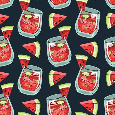 Watermelon cocktail flat seamless pattern. Background with Summer drink with ice cubes and fresh watermelon slices. Bar menu, party decor, beverage packaging, tropical design. illustration.