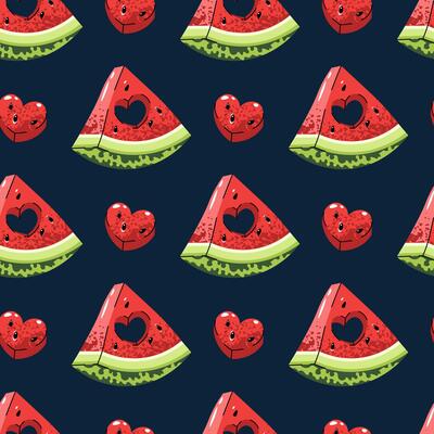 Watermelon Heart Seamless Pattern. Flat Design with Juicy Slice and Cut-Out Heart. Romantic Fruit Repeat for Valentines Day, Wedding Decor, Textile, Wrapping Paper. Sweet Background