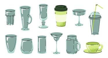 Empty glasses and cups collection, flat design set isolated on white background. Various transparent drinkware, tumblers for cofe, glasses, mugs and jars. Perfect for bar menus, cafe branding vector