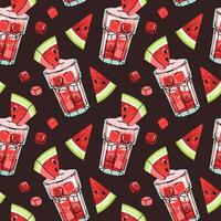 Watermelon Cocktail Seamless Pattern with Ice Cubes and Fruit Pieces in Flat Design for Summer Graphics Beverage Branding Backgrounds vector