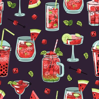 Watermelon cocktails seamless pattern. Flat summer drinks with ice cubes, mint leaves and fresh slices. Bar party decor, tropical textiles, wallpaper, beverage packaging
