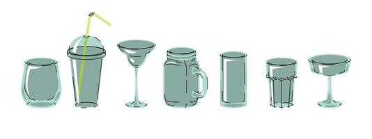 Empty Glass and Cocktail Glass Set in Flat Design on White Background. Minimalist Illustrations for Beverage Packaging, Drink Branding, Labels, Summer Graphics and Creative Projects vector