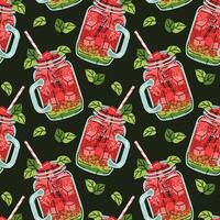 Watermelon Cocktail Seamless Pattern in Jar Glass with Ice Cubes and Mint Leaves in Flat Design. Perfect for Summer Graphics Beverage Branding Social Media and Drink Themed Projects. vector
