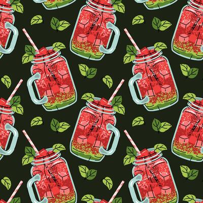 Watermelon Cocktail Seamless Pattern in Jar Glass with Ice Cubes and Mint Leaves in Flat Design. Perfect for Summer Graphics Beverage Branding Social Media and Drink Themed Projects.